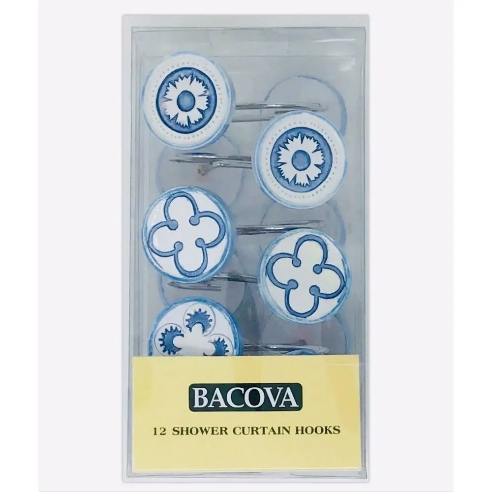 Ceramic Shower Curtain Hooks Set of 12 White Blue Flower Decal NEW